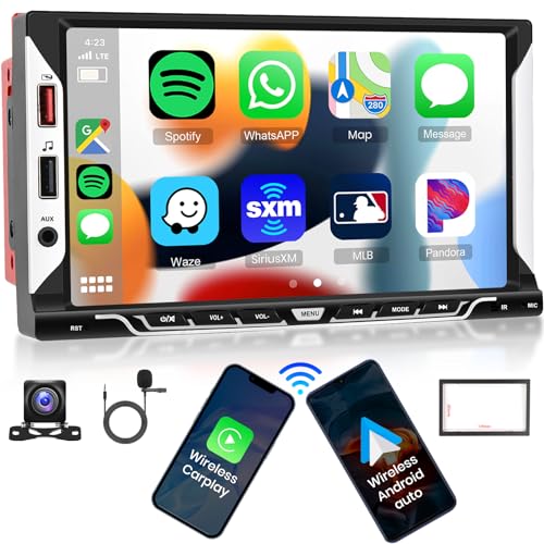 Doppel Din Autoradio Wireless Apple CarPlay & Kabellos Android Auto - 7 Zoll Touchscreen Autoradio mit Bluetooth/Mirror Link/FM Radio Receiver/Rückfahrkamera/SWC/USB/AUX in MP5 Player Radio 2 Din von Hodozzy