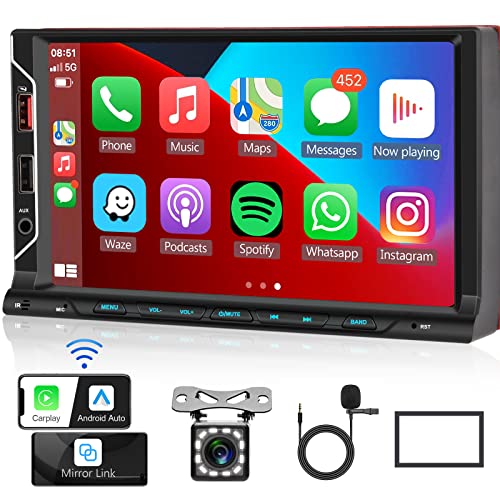 Doppel-Din Autoradio mit Wireless CarPlay Drahtlosem Android Auto Mirror Link, 7-Zoll-Touchscreen-Radio Bluetooth Freisprecheinrichtung 2 Din MP5 Player FM/EQ/USB/AUX/Lenkradsteuerung, Rückfahrkamera von Hodozzy