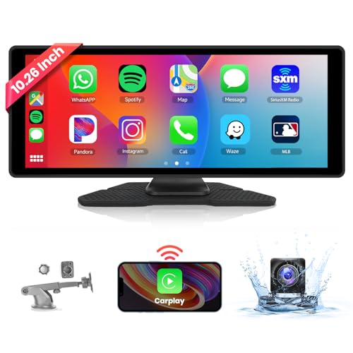 Drahtlos CarPlay und Android Auto, Hodozzy 10,26 Zoll Tragbares Autoradio Bluetooth mit IPS Touchscreen, Carplay Bildschirm mit Mirror Link/Sprachsteuerung/AUX/USB+Rückfahrkamera von Hodozzy