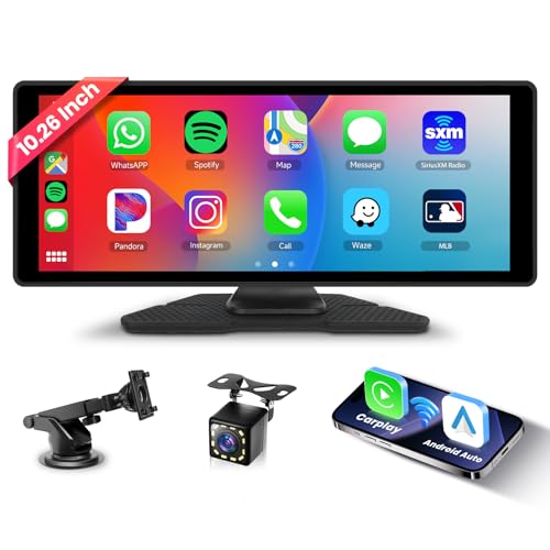 Drahtlos CarPlay und Android Auto, Hodozzy 10,26 Zoll Tragbares Autoradio Bluetooth mit IPS Touchscreen, Carplay Bildschirm mit Mirror Link/Sprachsteuerung/AUX/USB+Rückfahrkamera von Hodozzy