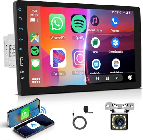 Hodozzy 1 Din Autoradio mit Wireless Carplay und Android Auto,9 Zoll Touchscreen Bildschirm Bluetooth,Carplay 1 Din Autoradio mit Mirrorlink,USB FM EQ Multimedia Radio Auto 1 Din + Rückfahrkamera von Hodozzy