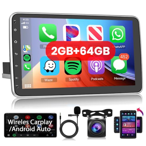 Hodozzy 1 Din Bildschirm 2G 64G Android Autoradio Wireless Carplay Android Auto, Radio 10,1 Zoll Vertikal Gedrehter Touchscreen Autoradio mit GPS Navi WiFi 1 Din Bluetooth FM/RDS Radio Rückfahrkamera von Hodozzy