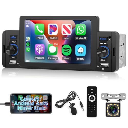 Hodozzy 1 Din Bluetooth Android Auto Carplay Autoradio 5 Zoll Touchscreen Radio Freisprecheinrichtung FM-Radio Stereo mit Mirror Link USB/AUX-In/SD-Kartenanschluss SWC + Rückfahrkamera Car MP5-Player von Hodozzy