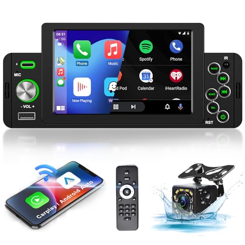 Hodozzy 1 Din Wireless Carplay Autoradio Bluetooth mit Android Auto 5 Zoll Touchcreen Autoradio 1 Din mit Bildschirm mit Mirror Link/USB/FM/SWC+Rückfahrkamera von Hodozzy