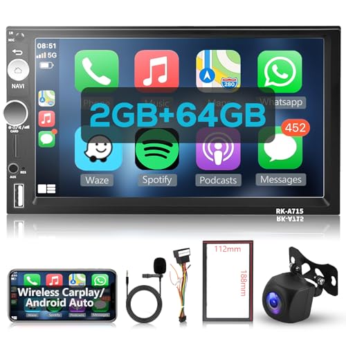 Hodozzy 2 Din Autoradio Navi 2GB 64GB Android mit Wireless Carplay, Android Auto, 7 Zoll Touchscreen Doppel DIN Stereo Radio mit GPS Navi HiFi Bluetooth WiFi FM/RDS Radio AHD Rückfahrkamera, USB von Hodozzy