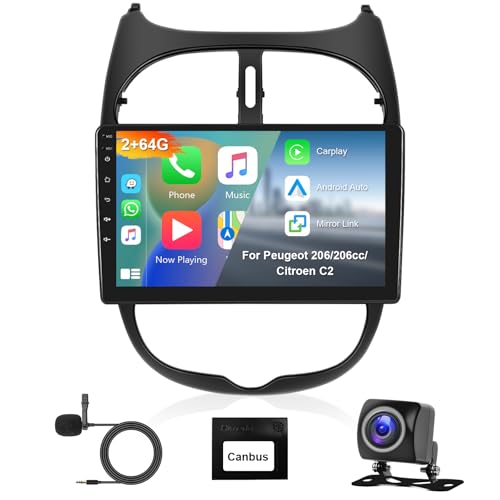 Hodozzy 2G+64G Autoradio für Peugeot 206/206cc/Citroen C2 2002-2010 Carplay Android Auto, Android 9 Zoll Touchscreen Bildschirm mit Navi WiFi Bluetooth Mirrorlink HiFi FM RDS Canbus Rückfahrkamera von Hodozzy