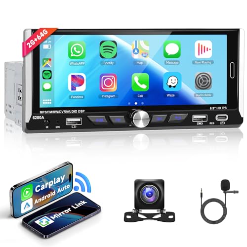 Hodozzy 2G+64G Wireless Apple Carplay Autoradio 1 Din Android 6,9 Zoll Touchscreen Radio mit Bluetooth, GPS Navi, WiFi, Android Auto, FM RDS EQ, 1 Din Bildschirm mit Rückfahrkamera Typ-C/USB/AUX von Hodozzy
