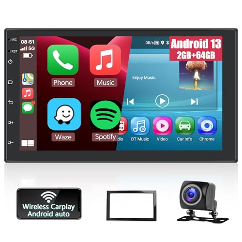 Hodozzy [2GB+64GB] Autoradio 2 Din mit Navi Android mit Wireless Carplay, Android Auto, 7 Zoll Touchscreen 1080P Bildschirm Autoradio Bluetooth, HiFi, FM/RDS Radio, WiFi, GPS, AHD Rückfahrkamera, USB von Hodozzy