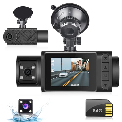 Hodozzy 3 Channel Dashcam Vorne und Hinten Innen, 1296P Dash Camera für Autos, Dash Cam DREI-Wege-Dreifach-Kamera mit IR-Nachtsicht, Loop-Aufnahme, G-Sensor, Parken Monitor, SD-Karte 24H Aufnahme von Hodozzy