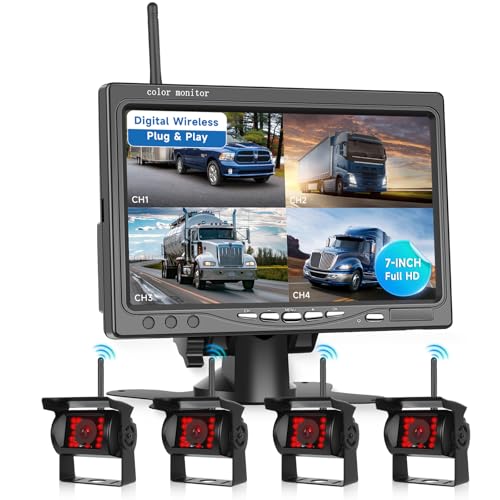 Hodozzy 4 Kabellose Digitale Rückfahrkameras mit 7 Zoll IPS Bildschirm, wasserdichte IP68 Rückfahrkamera, Stabile Digitale Signale, 1080P IR Nachtsicht, Unterstützt BSD/Einparkhilfe von Hodozzy