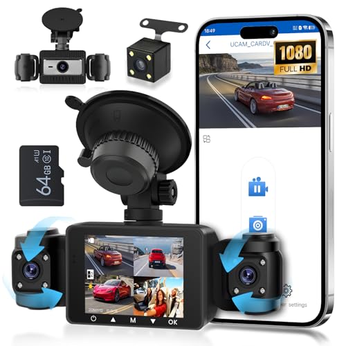 Hodozzy 4 Kanal Dashcam Auto 1080P, 360° Ansicht Vorne Hinten Links Rechts Dash Cam mit Loop-Aufnahme, Nachtsicht, G-Sensor, 24H Parkmodus, Bewegungserkennung, Belichtungskorrektur + 64G TF-Karte von Hodozzy