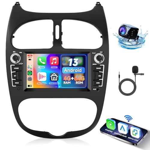 Hodozzy 4GB+64GB Android Autoradio Für Peugeot 206 206CC 206SW 1998-2016 Citroen C2 2004-2008, 6,2 Zoll Touchscreen mit Carplay Android Auto Navi WiFi Bluetooth DSP FM/RDS Radio Canbus Rückfahrkamera von Hodozzy