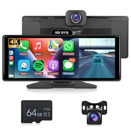 Hodozzy 4K Display Auto mit Dashcam Portable Autoradio Bildschirm Carplay Android Auto Monitor ADAS 10,26 Zoll IPS Touchscreen Bluetooth Vorne und Rückkamera Video Loop Aufnahme/Mirror Link FM/AUX/SD von Hodozzy