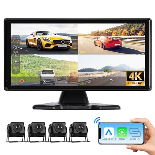 Hodozzy 4K Rückfahrkamera Set mit 4 AHD Rückfahrkamera Kabel, Wireless CarPlay Android Auto, 10,36 Zoll Touchscreen 4 Geteilter Monitor, Bluetooth, Airplay FM Loop Aufnahme USB/TF, CarPlay Bildschirm von Hodozzy