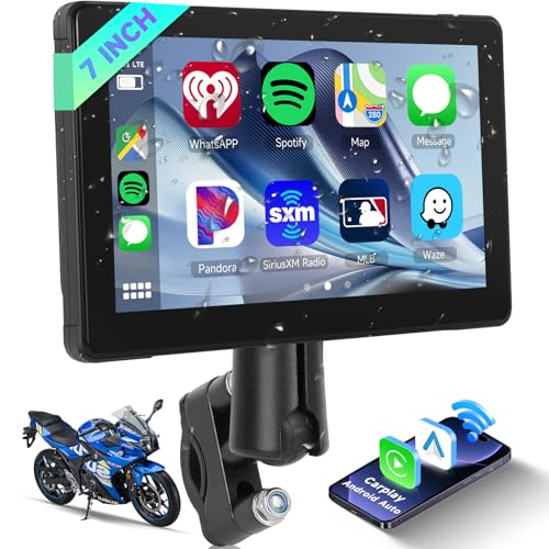 Hodozzy 7 Zoll Wireless Tragbare Carplay & Android Auto Display für Motorrad,IP 67 wasserdichte Touchscreen Bildschirm Autoradio mit Duales Bluetooth/EQ/GPS Navigation/Sprachsteuerung für Moto von Hodozzy