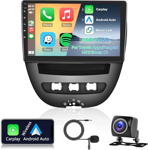 Hodozzy 8 Core 4G+64G Autoradio für Toyota Aygo/Peugeot 107/Citroen C1 2004-2014 mit Wireless Carplay Android Auto, Android 10,1 Zoll IPS Bildschirm Navi Radio Bluetooth DSP WiFi FM RDS Kamera von Hodozzy
