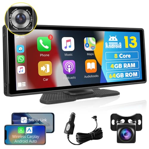 Hodozzy Android 4G 64G 8-Core Wireless Apple CarPlay Display Android Auto Bildschirm Navi Dashcam Vorne Rückfahrkamera 10,26-Zoll Touch Screen MirrorLink GPS WiFi Bluetooth Tragbares Autoradio FM AUX von Hodozzy