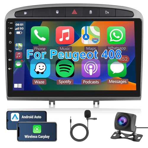 Hodozzy Android Autoradio für Peugeot 308 408 2010-2016 Apple Carplay Android Auto, Radio 9 Zoll Touchscreen Radio Bluetooth HiFi GPS Navi WiFi Mirror Link FM RDS Kamera 2 Din Bildschirm für Peugeot von Hodozzy