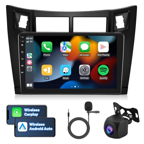 Hodozzy Android Autoradio für Toyota Yaris 2008-2011 Carplay Wireless Android Auto, Radio 9 Zoll Touchscreen 2 Din Autoradio Bluetooth GPS Navigation WiFi FM RDS Lenkradsteuerung AHD Rückfahrkamera von Hodozzy