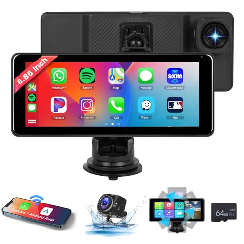 Hodozzy Apple Carplay Android Auto Airplay Tragbare Autoradio mit 4K Frontkamera DVR ADAS, 6.86 Zoll IPS Touchscreen mit Bluetooth FM Transmitter+1080P Rückfahrkamera für Auto/VW/SUV/Pickup von Hodozzy