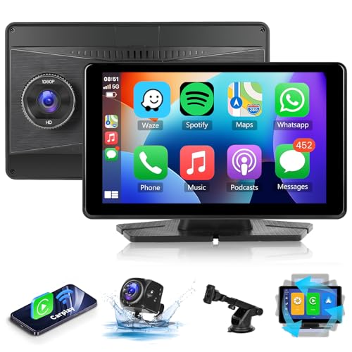 Hodozzy Apple Carplay Android Auto Airplay Tragbare Autoradio mit Frontkamera DVR, 7 Zoll HD IPS Touchscreen mit Bluetooth FM Transmitter+1080P Rückfahrkamera mit TF/AUX/Sprachsteuerung von Hodozzy