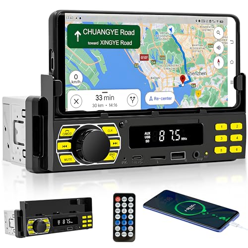 Hodozzy Autoradio 1 Din Bluetooth mit Halterung für Mobiltelefon, Autoradio mit Bluetooth Freisprecheinrichtung, MP3-Tuner mit USB/Typy-C/Schnellaufladung/APP ortet das Auto/FM/TF/AUX von Hodozzy