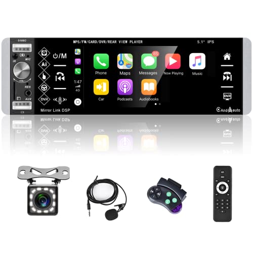 Hodozzy Autoradio 1 Din Carplay&Android Auto mit 5,1 Zoll IPS Bildschirm, Autoradio Bluetooth,Touchscreen mit Mirror Link/FM/USB/AUX/SWC/SD/Mikrofon/Sprachsteuerung+12 LED Rückfahrkamera von Hodozzy