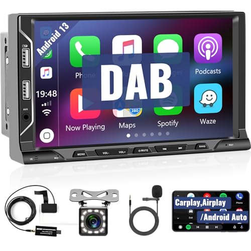 Hodozzy Autoradio DAB 2 Din Android Wireless Carplay Android Auto Mirror Link 7 Zoll Touchscreen Car Radio Multimedia Player Autoradio mit Navi GPS Bluetooth, WiFi, FM/RDS Radio EQ USB Rückfahrkamera von Hodozzy