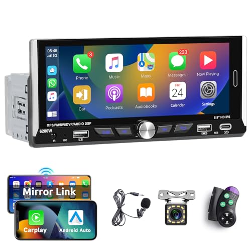 Hodozzy Autoradio mit Bildschirm 1 Din Wireless Apple CarPlay & Android Auto, Radio 6,9 Zoll HD Touchscreen Bluetooth Freisprecheinrichtung Auto MP5 Player mit Rückfahrkamera EQ FM SWC AUX/USB/Type-C von Hodozzy