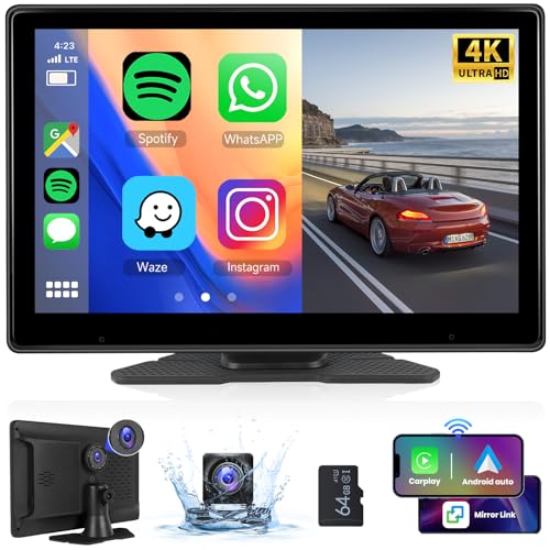 Hodozzy Bildschirm Auto Tragbare Autoradio Dasham 4K mit Wireless Carplay Android Auto, Display 10,1 Zoll IPS Touchscreen Bluetooth WiFi Front und Rückkamera Dual DVR Loop-Aufnahme, FM/AUX/TF von Hodozzy