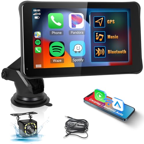 Hodozzy Carplay Display Auto Bildschirm mit Wireless Carplay Android Auto, 7 Zoll HD IPS Touchscreen Tragbares Autoradio Bluetooth AUX/FM/GPS Navi/TF/Mirror Link/Freisprechfunktion +Rückfahrkamera von Hodozzy