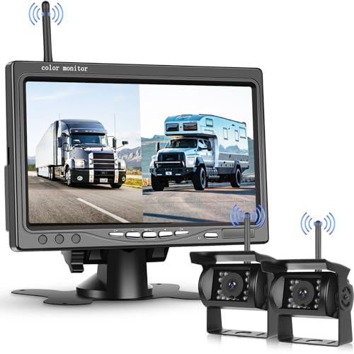 Hodozzy Digital Kabellos Rückfahrkamera Set, 7 Zoll HD Monitor Rückfahrkamera Funk mit 2 Kameras, Toter-Winkel-Warnung IP 68 Wasserdicht Nachtsicht, 12V-36V, Rückfahrkamera für LKWs/Wohnmobil/PKW von Hodozzy