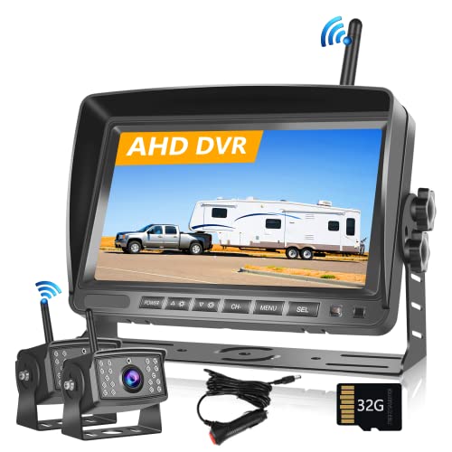 Hodozzy Digitale Kabellos Rückfahrkameras DVR Videoaufzeichnung-7 Zoll IPS Monitor AHD 2 Kameras mit 32 GB SD-Karte, Drahtlose Front/Rückfahrkamera Auto wasserdichte Nachtsicht -Einparkhilfe 12V-36V von Hodozzy
