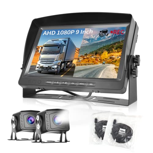 Hodozzy Dual Backup Kamera Rückfahrkamera System, Videoaufzeichnung 9 Zoll LCD Monitor DVR, IP69 Wasserdicht Vollfarb-Nachtsicht Auto Kamera mit 2*10m Kabel für LKW/Anhänger/Bus/Van/Wohnmobil 12V-35V von Hodozzy