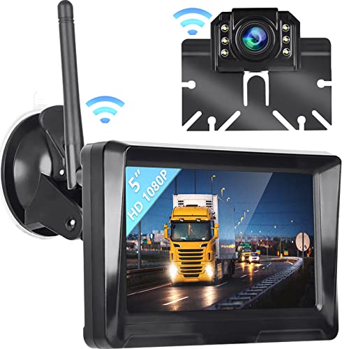 Hodozzy Rückfahrkamera Digitale Kabellos Set mit 5-Zoll-LCD Monitor, HD 1080P Wireless Rückfahrkamera, IP 69 wasserdichte Super Nachtsicht Auto Kamera für Wohnmobil/LKW/Anhänger/SUV 12V-24V von Hodozzy
