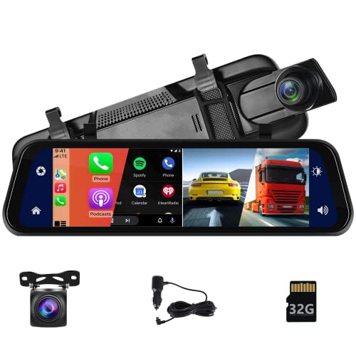 Hodozzy Spiegel Dashcam Carplay Wireless Android Auto Bluetooth 9,66 Zoll IPS Touchscreen Frontkamera Rückfahrkamera wasserdichte Nachtsicht WDR Autokamera Rückspiegel Parkmonitor 32G TF-Karte FM AUX von Hodozzy