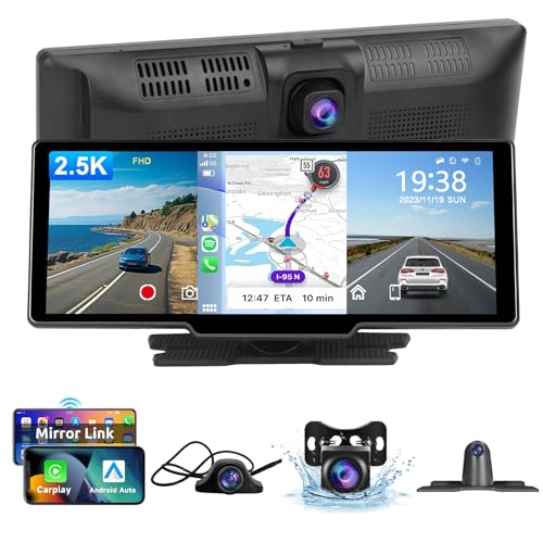 Hodozzy Tragbares Apple Carplay Bildschirm mit 2,5K Dashcam 3 Kanal, 10,26 Zoll IPS Touchscreen Carplay & Android Auto Display Bluetooth mit Vorne Rückspiegel und Hinten Kamera Rückfahrkamera, FM/AUX von Hodozzy