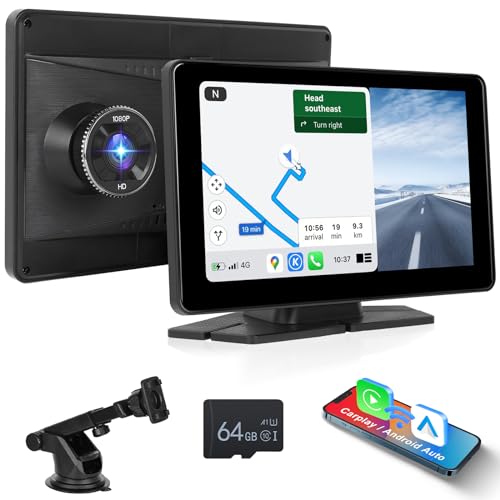 Hodozzy Tragbares Autoradio Wireless CarPlay Navi, 7 Zoll IPS Touchscreen Bildschirm Auto Radio Android Auto mit 2,5K Dashcam Vorne Kamera DVR, Bluetooth Tragbares Display Auto Karte TF/FM/AUX von Hodozzy