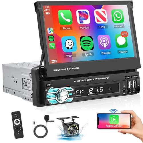 Hodozzy Wireless Carplay/Android Auto Autoradio 1 Din mit 7 Zoll Manuelle Ausfahrbarem Display Autoradio Bluetooth, Touchcreen mit Mirror Link/FM/USB/AUX/SD/Mikrofon+12 LED Rückfahrkamera von Hodozzy