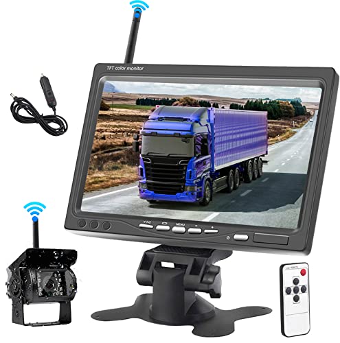 Kabellos Rückfahrkamera und 7-Zoll-HD-Monitor, Set Rückfahrkamera Wireless Fahrzeuge Parkassistenzsystem, Nachtsicht wasserdichte Auto Kamera für Anhänger, Bus, LKW, Wohnmobi, Pferdeanhänger 12V-24V von Hodozzy