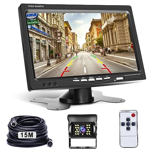 Rückfahrkamera und 7 Zoll LCD Monitor Rückfahrkamera Set, Hodozzy IR Nachtsicht Wasserdichtes Backup Kamera 12V-24V mit 4 Polig 15 Meter Kabel Rückfahrkamera für PKW LKW Anhänger Wohnmobil Wohnwagen von Hodozzy