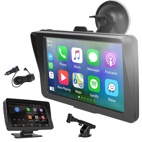 Hodozzy Wireless Carplay Android Auto Tragbarer Bildschirm, 7 Zoll Touchscreen mit AirPlay/Mirror Link,Car Multimedia Player Bluetooth Display Autoradio Empfänger FM AUX TF,Tragbarer Autoradio von Hodozzy