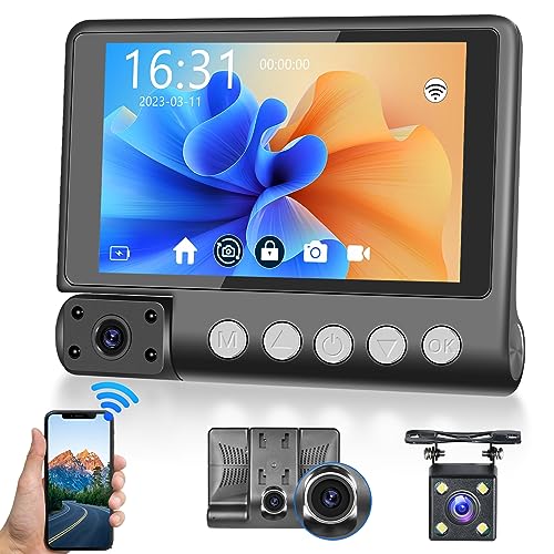 WiFi Dashcam 3 Kamera, Hodozzy 1440P Full HD 4 Zoll Touchscreen Nachtsichtkamera, Vorne Innen und Hinten Dreifach-Autokamera Schleifenaufzeichnung G-Sensor Parkmonitor Dash Kamera Auto Rückfahrkamera von Hodozzy