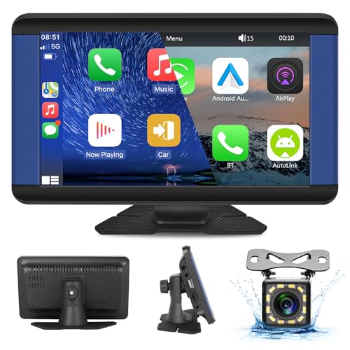Wireless CarPlay und Android Auto, Hodozzy 7 Zoll Tragbares Autoradio mit IPS Touchscreen Autoradio Bluetooth, Carplay Bildschirm mit Mirror Link/Sprachsteuerung/AUX/USB+Rückfahrkamera von Hodozzy