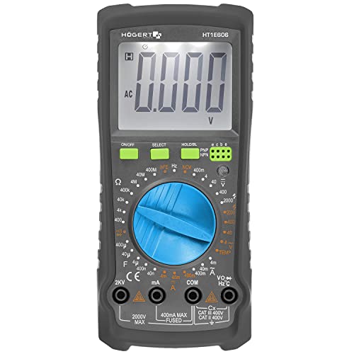 Högert Technik - Digitales Multimeter bis 2000V / 400mA I NCV I Thermoelement I LCD-Bildschirm I Gummiummantelung I Ergonomisch und Kompakt I Inklusive Messkabel I HT1E606 von Högert Technik