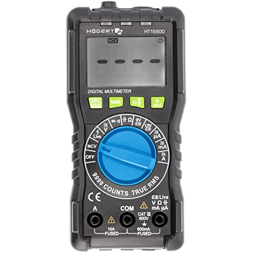 Högert Technik - Multifunktionales Digitales Messgerät I Multimeter bis 600V / 10A I RMS, NCV, VFC I LCD-Bildschirm I Gummiummantelung I Ergonomisch und Kompakt I Inklusive Messkabel I HT1E600 von Högert Technik