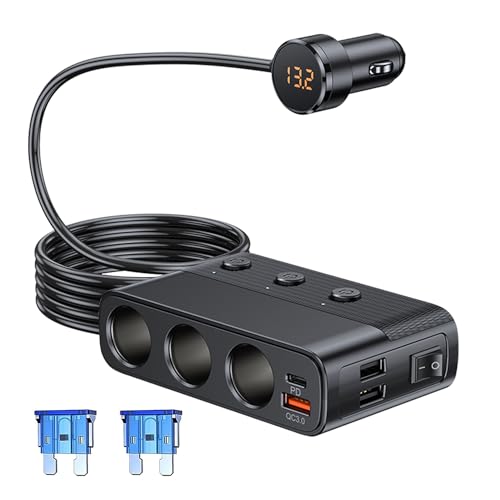 12V/24V Zigarettenanzünder Verteiler, 127W PD QC3.0 USB Auto Ladegerät Adapter mit 3 Steckdose und 4 Port USB, Zigarettenanzünder Splitter mit LED Voltmeter und Schalter, für Smartphone/Kamera/GPS von Hoembpn