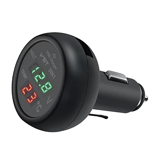 3 in 1 Auto USB Ladegerät Auto Voltmeter Auto Thermometer mit LCD Digital Display Temperatur Tester Voltage Monitor Meter Zigarettenanzünder für 12V-24V Autos LKW SUV Busse von Hoembpn