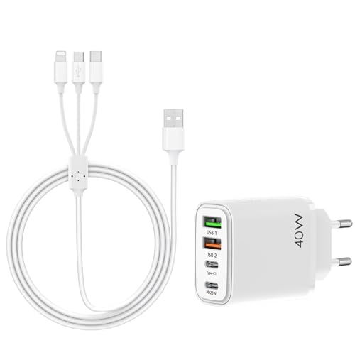 40 W Ladegerät USB C Schnellladeadapter Multi Charge Plug Dual USB 2,4A/15W Type-c/PD25W, 3A Ladekabel 3-in-1 Multifunktional Typ C/Micro USB, für Tablet, Android von Hoembpn