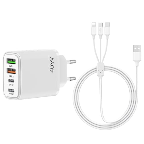 40W USB C Ladegerät PD USB Schnellladegerät Adapter 4 Port Wandladegerät, 3 in 1 Multi USB Kabel 3A Schnellladekabel Kompatibel mit Micro USB/Typ-C für Tablet, Android, Samsung von Hoembpn